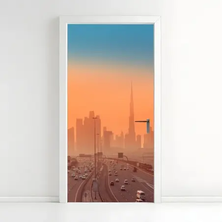 Pegatina para puerta horizonte de Dubái al atardecer – Pixers®