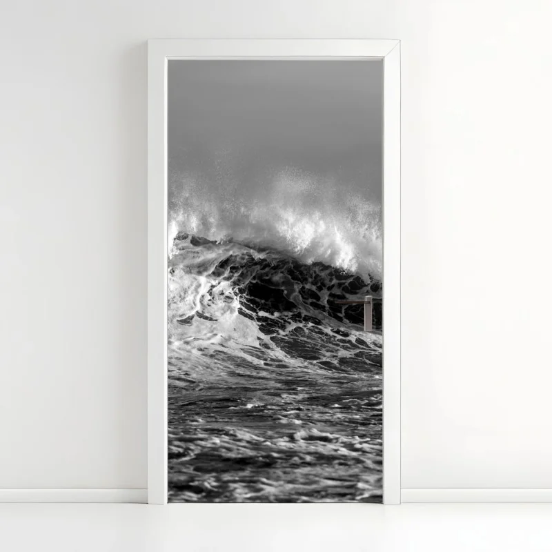 Pegatina para puerta olas rompiendo en blanco y negro