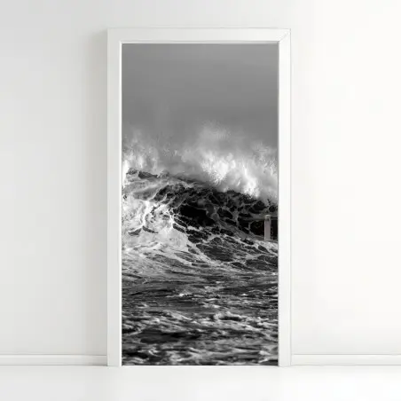 Pegatina para puerta olas rompiendo en blanco y negro – Pixers®