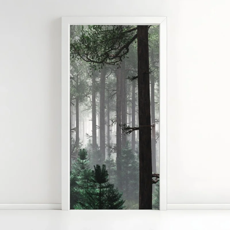 Pegatina para puerta bosque brumoso de pinos en calma