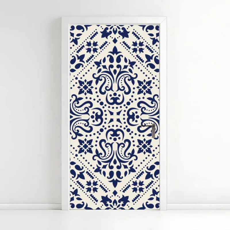 Pegatina para puerta motivo damasco azul marino y crema