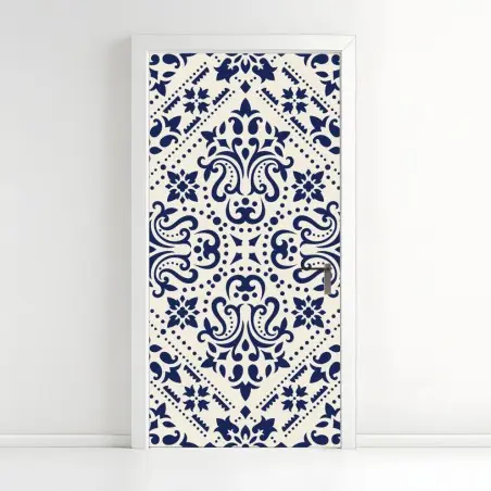 Pegatina para puerta motivo damasco azul marino y crema – Pixers®