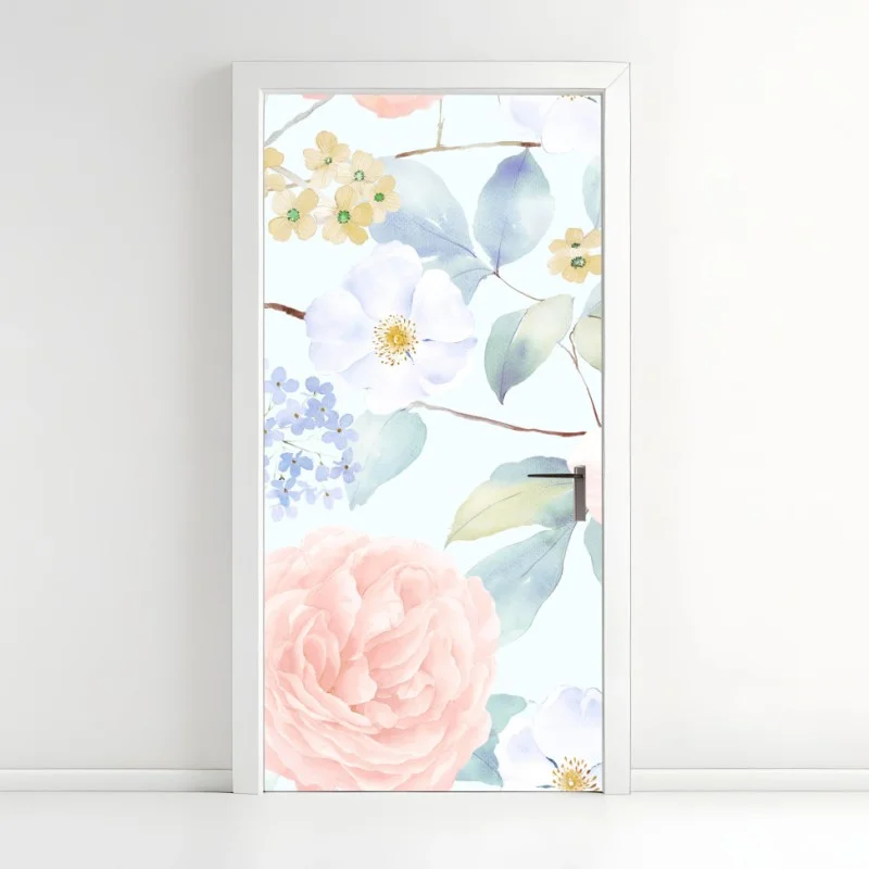 Pegatina para puerta jardín en acuarela de flores en tonos pastel
