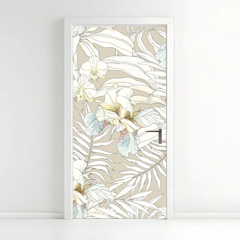 Pegatina para puerta cacatúas y orquídeas en patrón botánico