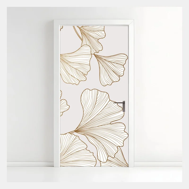 Pegatina para puerta hojas de ginkgo doradas sobre fondo neutro