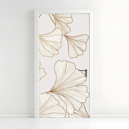 Pegatina para puerta hojas de ginkgo doradas sobre fondo neutro – Pixers®