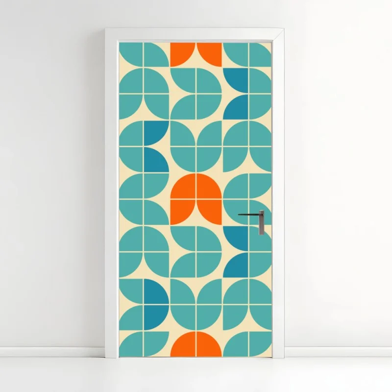 Pegatina para puerta mosaico geométrico mid-century en tonos turquesa y naranja