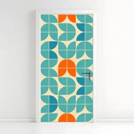 Pegatina para puerta mosaico geométrico mid-century en tonos turquesa y naranja – Pixers®