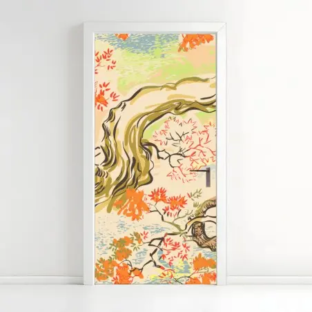 Pegatina para puerta motivo oriental de arces otoñales en tonos pastel – Pixers®
