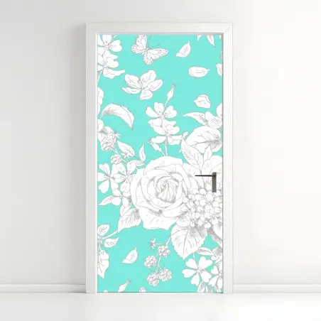 Pegatina para puerta estampado floral vintage en turquesa – Pixers®