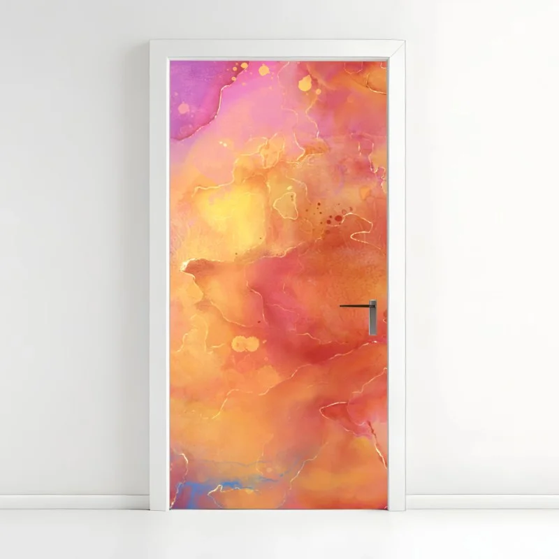Pegatina para puerta arte abstracto en tonos cálidos y fríos con vetas doradas