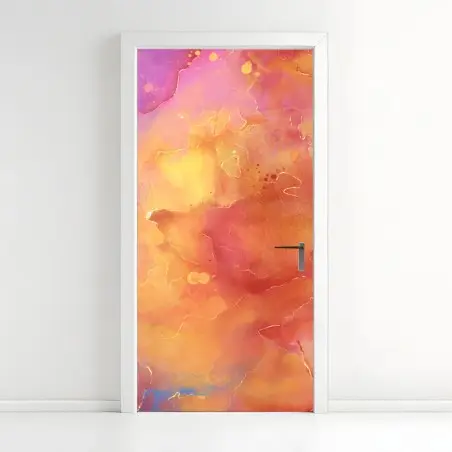 Pegatina para puerta arte abstracto en tonos cálidos y fríos con vetas doradas – Pixers®