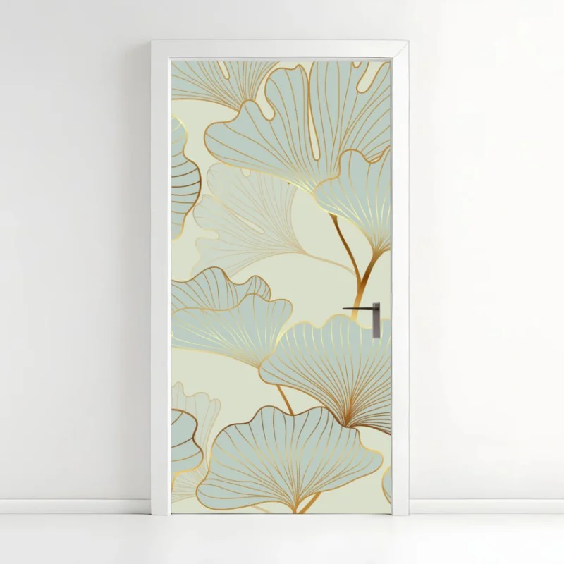 Pegatina para puerta patrón elegante de hojas de ginkgo doradas