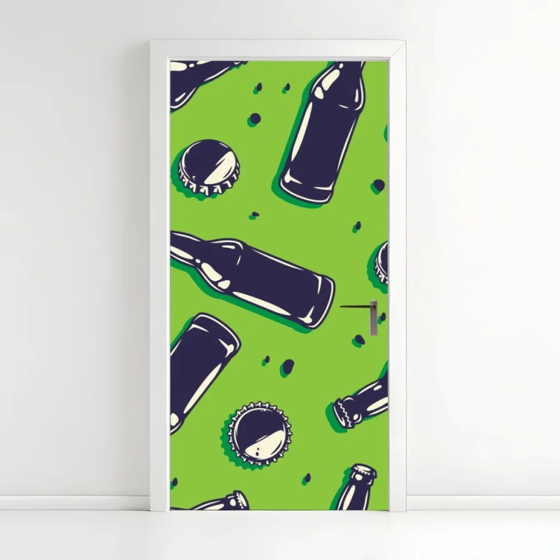 Pegatina para puerta patrón pop de botellas y tapones sobre fondo verde