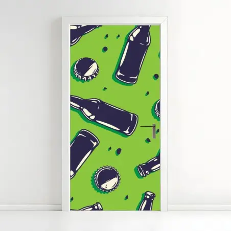 Pegatina para puerta patrón pop de botellas y tapones sobre fondo verde – Pixers®