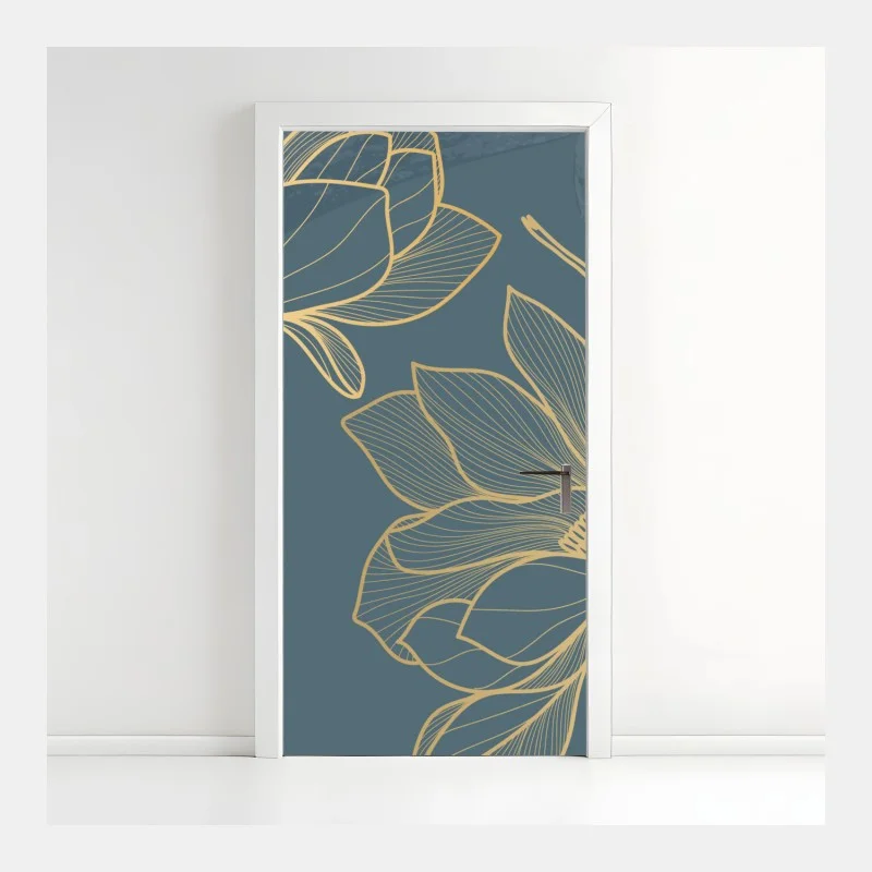 Pegatina para puerta magnolias en trazos dorados sobre fondo azul