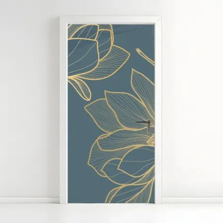 Pegatina para puerta magnolias en trazos dorados sobre fondo azul – Pixers®