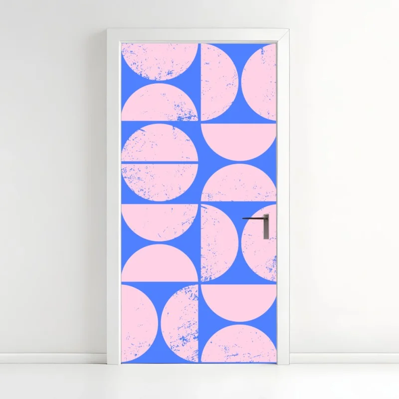 Pegatina para puerta patrón geométrico retro en rosa y azul