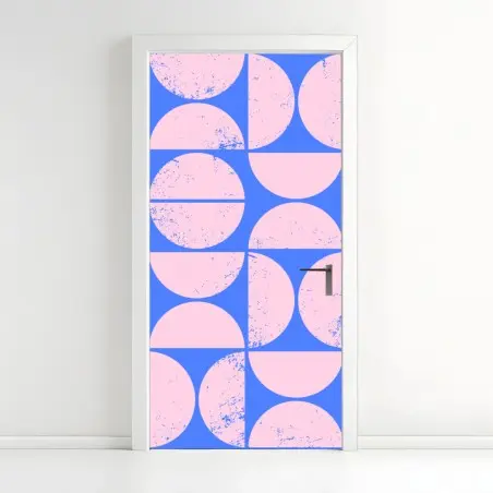Pegatina para puerta patrón geométrico retro en rosa y azul – Pixers®