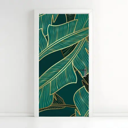 Pegatina para puerta diseño de hojas tropicales doradas sobre fondo verde oscuro – Pixers®