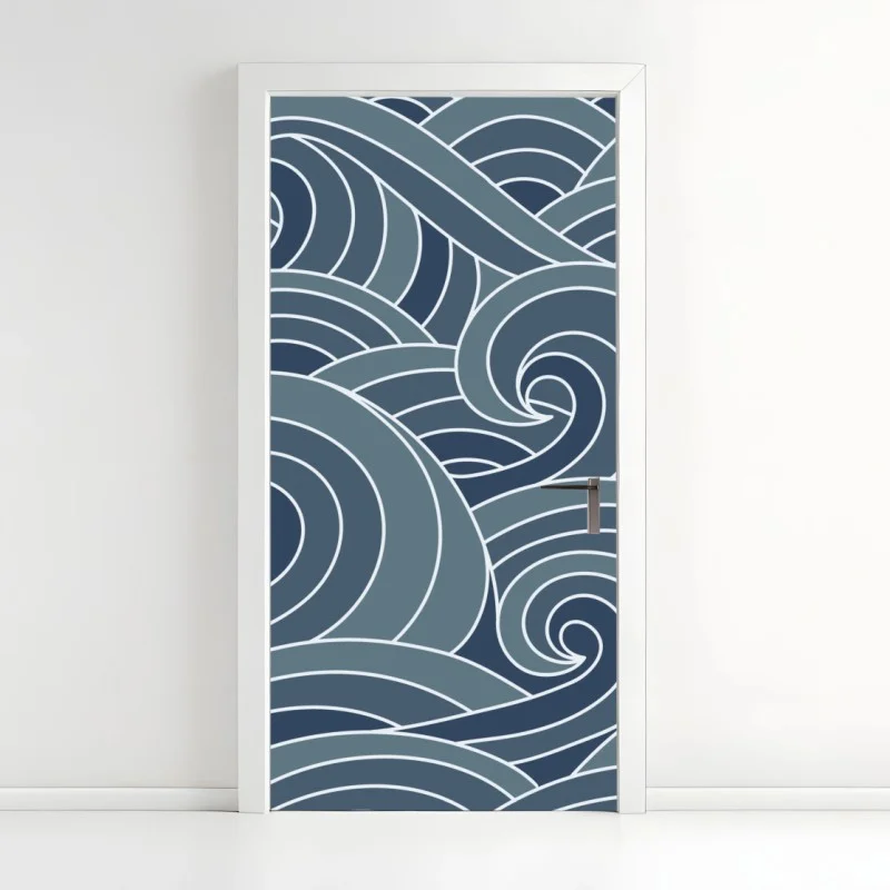 Pegatina para puerta patrón de olas marinas en tonos azules