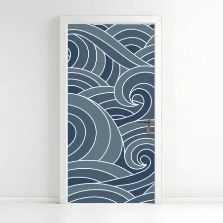Pegatina para puerta patrón de olas marinas en tonos azules – Pixers®