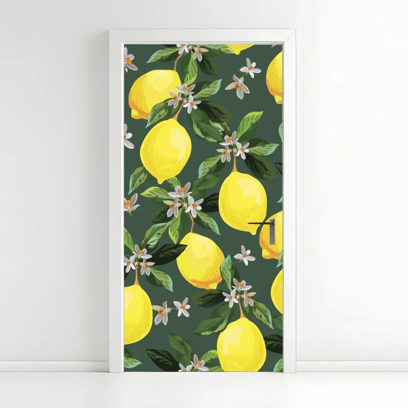 Pegatina para puerta estampado de limones y flores sobre fondo verde