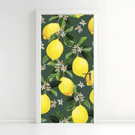 Pegatina para puerta estampado de limones y flores sobre fondo verde – Pixers®