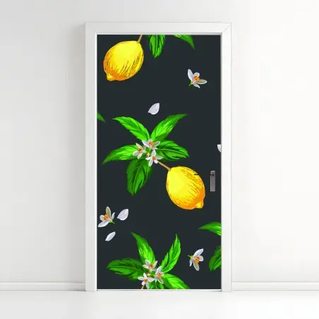 Pegatina para puerta estampado de limones y flores sobre fondo oscuro – Pixers®