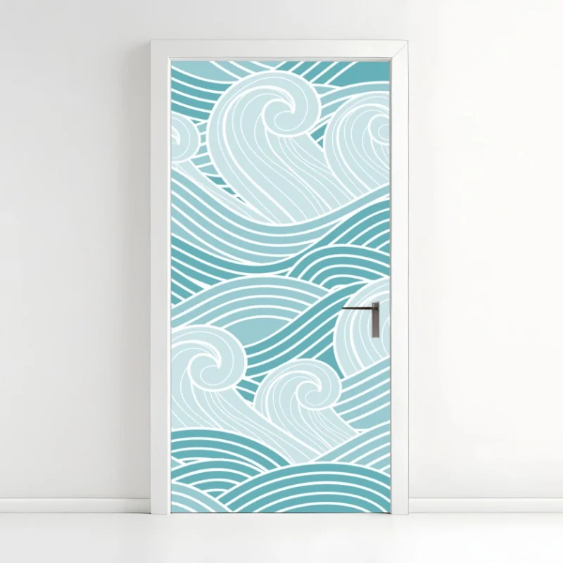 Pegatina para puerta mural de olas estilizadas en tonos turquesa