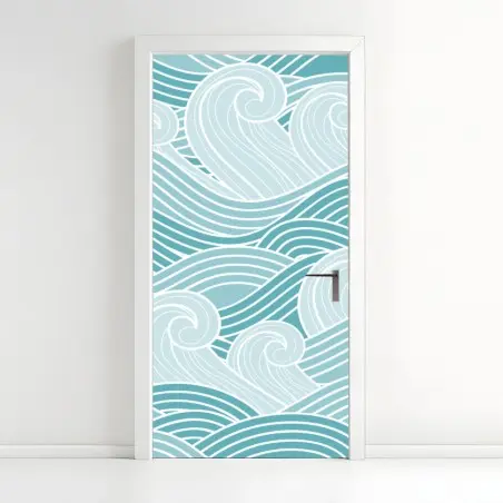 Pegatina para puerta mural de olas estilizadas en tonos turquesa – Pixers®