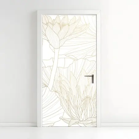 Pegatina para puerta patrón floral de lotos en líneas doradas – Pixers®