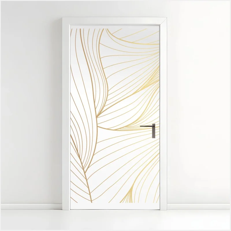Pegatina para puerta diseño de hojas doradas sobre fondo blanco