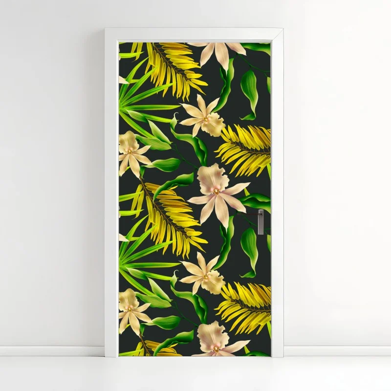 Pegatina para puerta estampado tropical de orquídeas sobre fondo oscuro