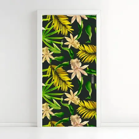 Pegatina para puerta estampado tropical de orquídeas sobre fondo oscuro – Pixers®