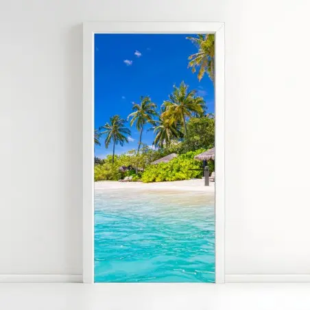 Pegatina para puerta escena de playa tropical con palmeras y aguas turquesa – Pixers®