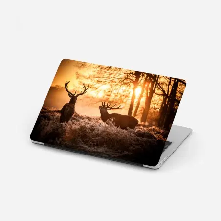 Pegatina para portátil amanecer dorado con ciervos en el bosque – Pixers®