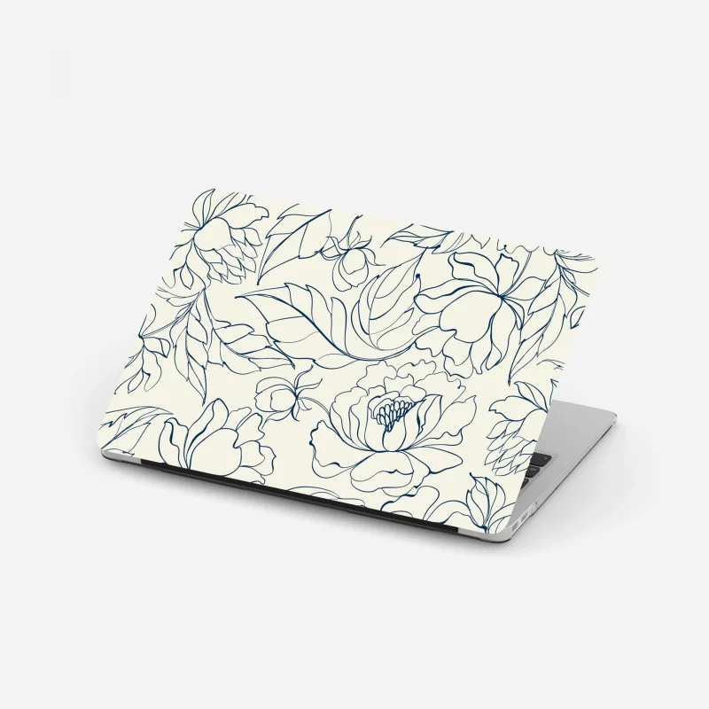 Pegatina para portátil motivo floral en líneas azul marino sobre fondo crema