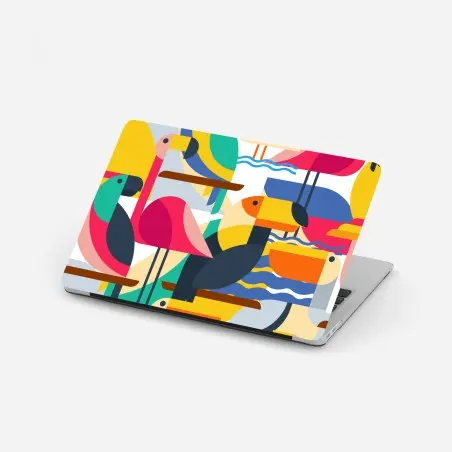 Pegatina para portátil aves tropicales en patrón geométrico colorido – Pixers®