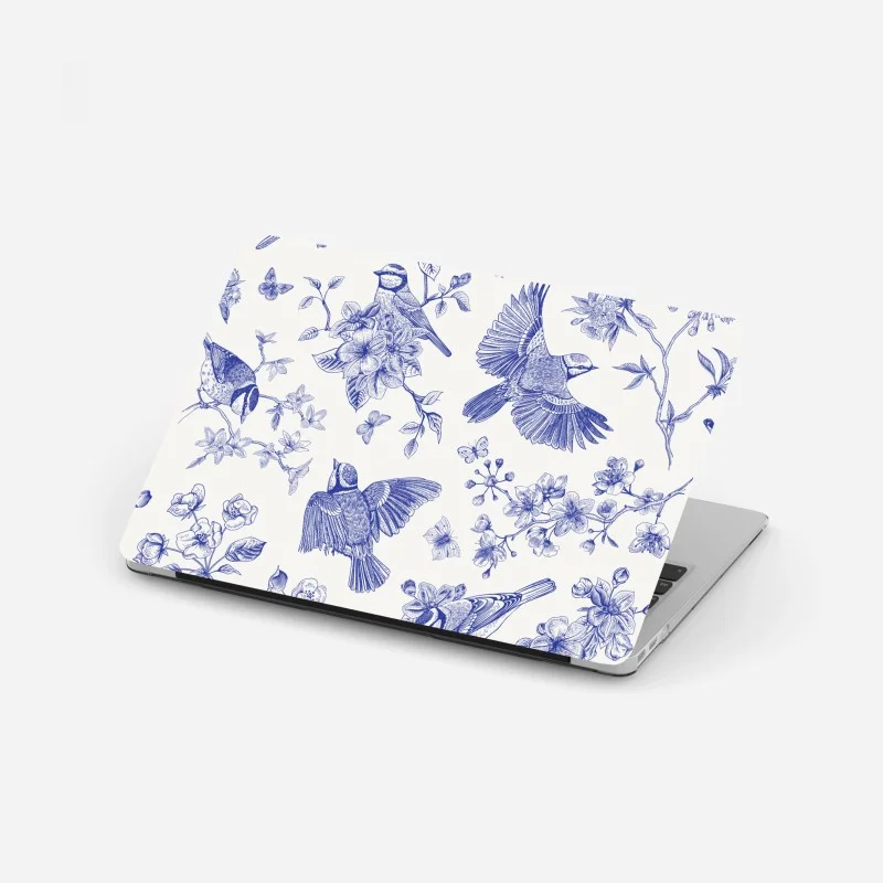 Pegatina para portátil patrón botánico de aves en tinta azul