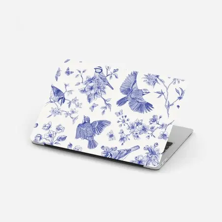 Pegatina para portátil patrón botánico de aves en tinta azul – Pixers®