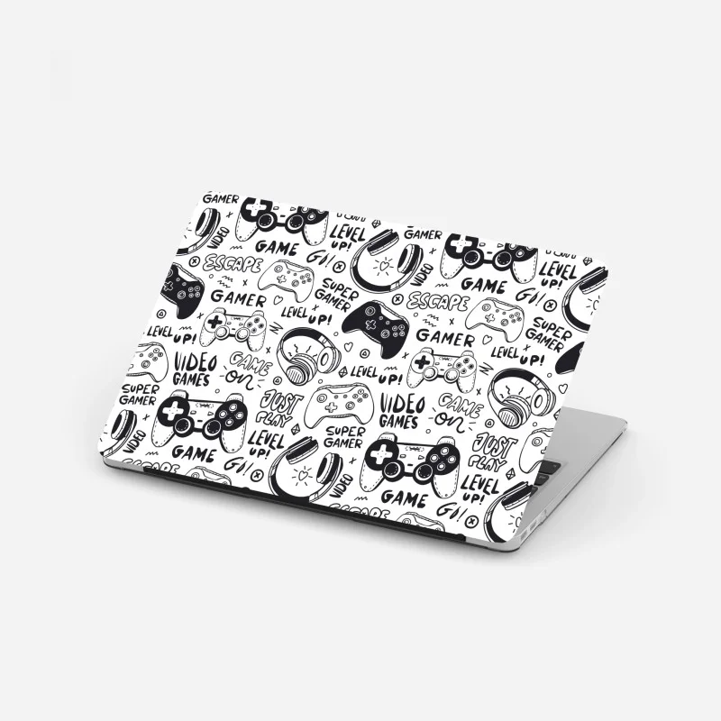 Pegatina para portátil patrón de videojuegos en estilo doodle blanco y negro