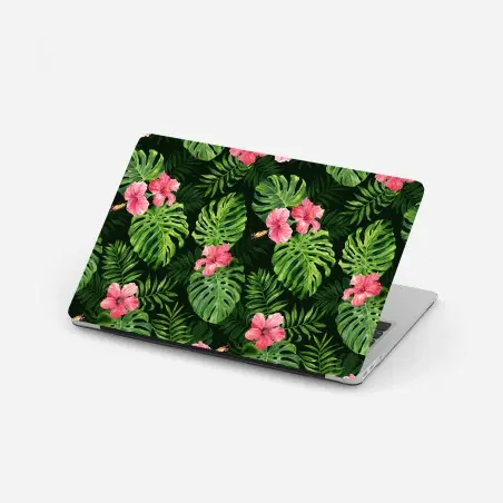 Pegatina para portátil patrón tropical de hojas monstera y hibiscos rosas – Pixers®