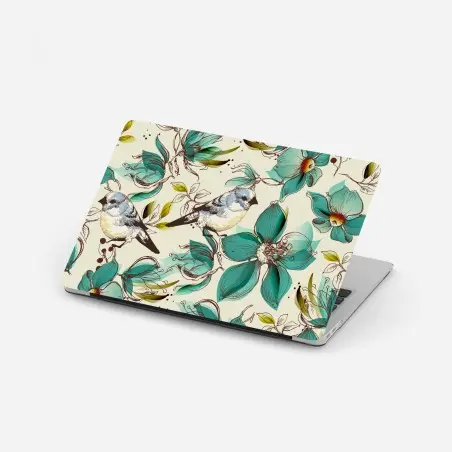 Pegatina para portátil estampado retro de pájaros y flores turquesa – Pixers®