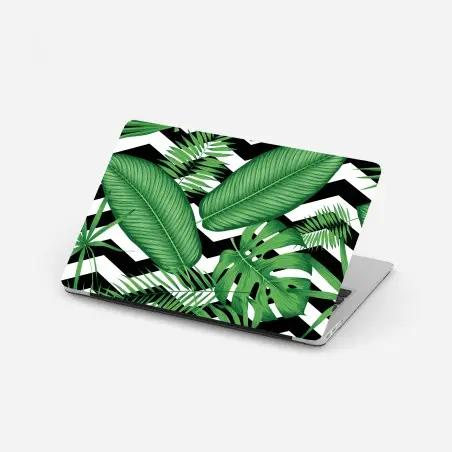 Pegatina para portátil follaje tropical sobre patrón zigzag blanco y negro – Pixers®