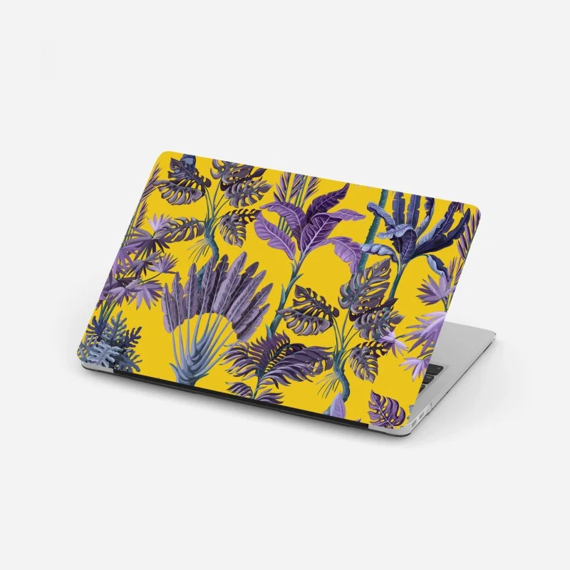 Pegatina para portátil estampado tropical vintage en morado sobre fondo amarillo