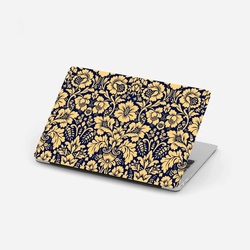 Pegatina para portátil damasco floral elegante en azul marino y dorado