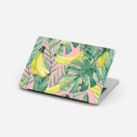 Pegatina para portátil hojas tropicales y bananas en acuarela sobre fondo rosa – Pixers®