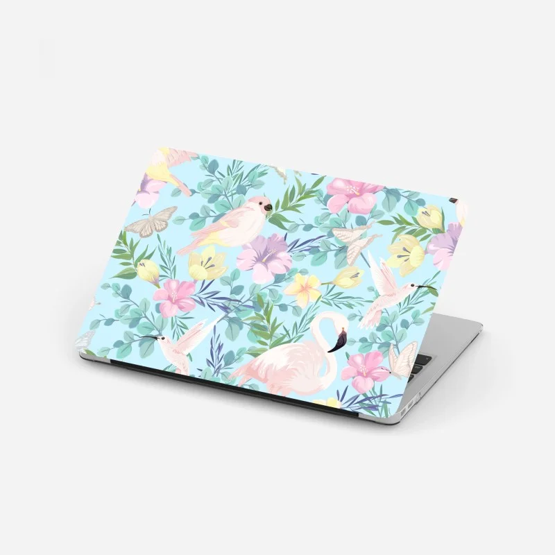 Pegatina para portátil jardín tropical en tonos pastel con aves
