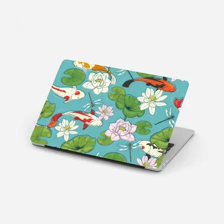 Pegatina para portátil escena de carpas koi y flores de loto sobre estanque – Pixers®